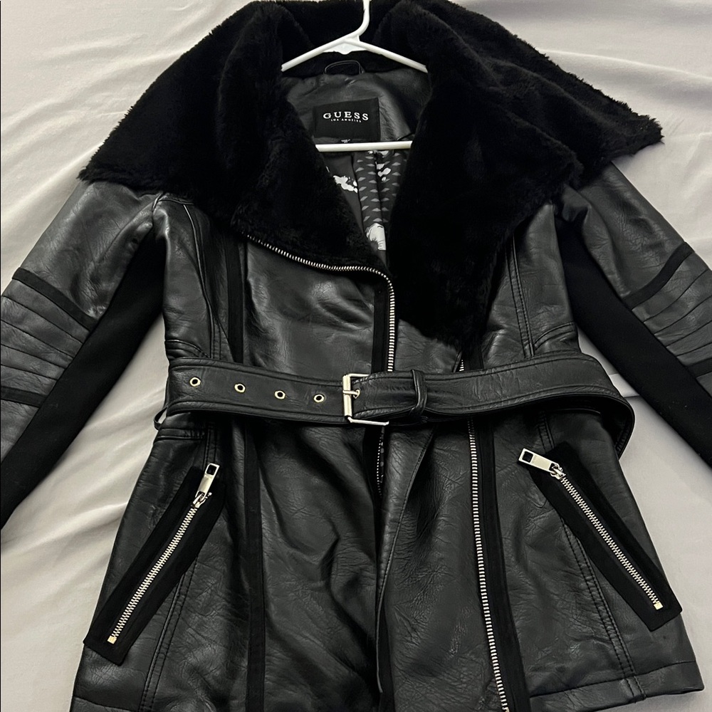 GUESS Women's Black Leather Jacket with Belted Waist